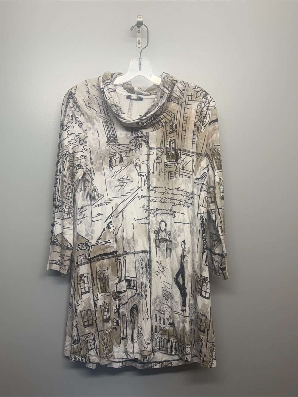 Dolcezza Printed Cowl-Neck Midi Dress in Beige and Cream